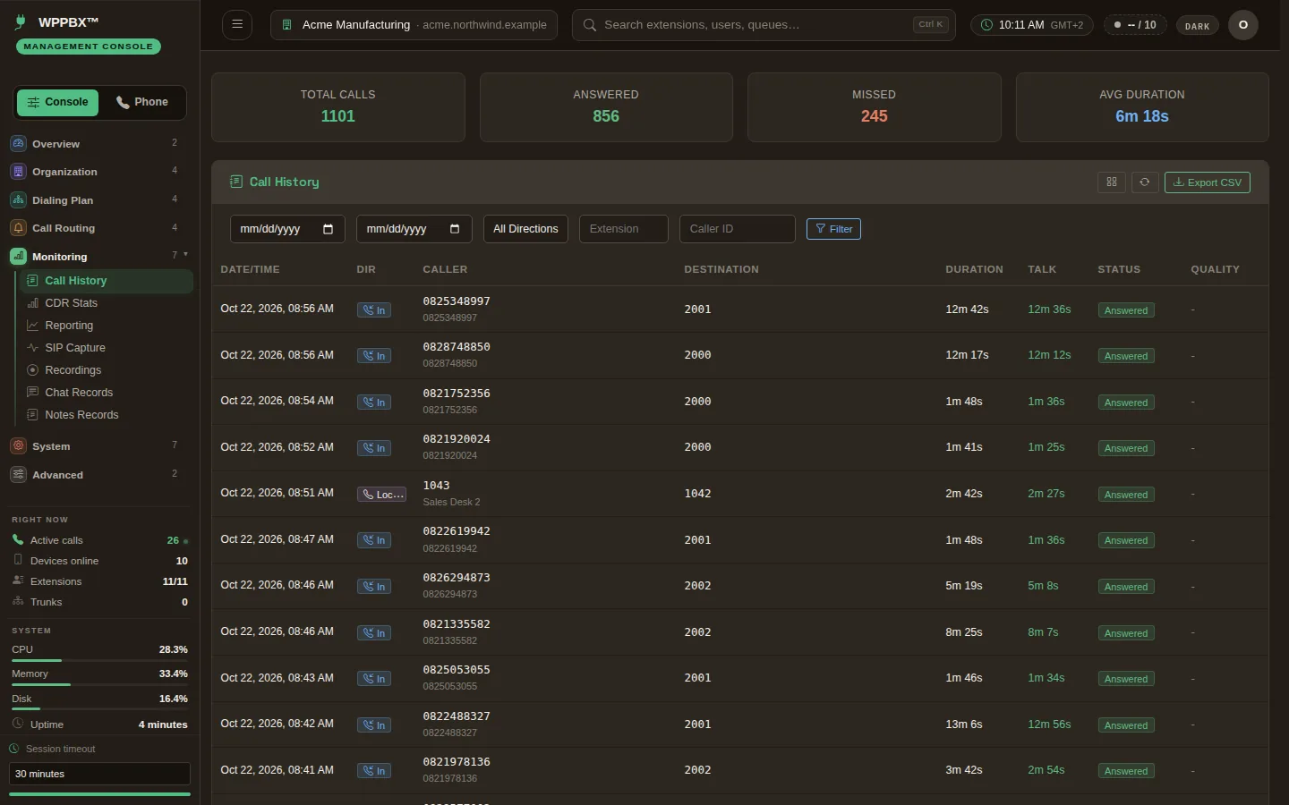 The call history list with each call's time, direction, caller, destination, duration and status.