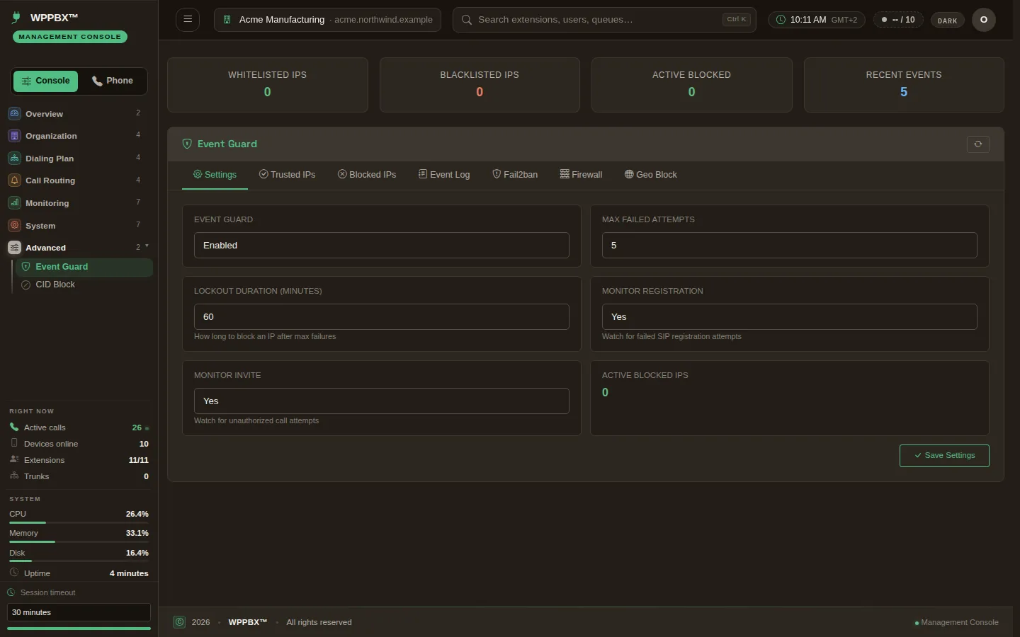 Event Guard settings: lockout after failed attempts, with tabs for trusted and blocked addresses, the event log and country blocking.