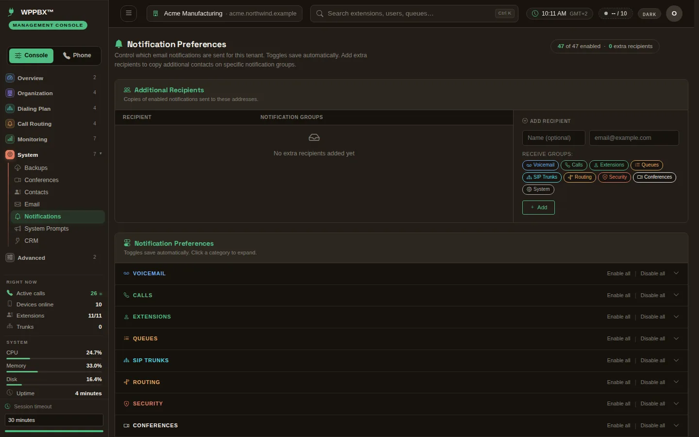 Notification settings with extra recipients and groups of events that send an email.