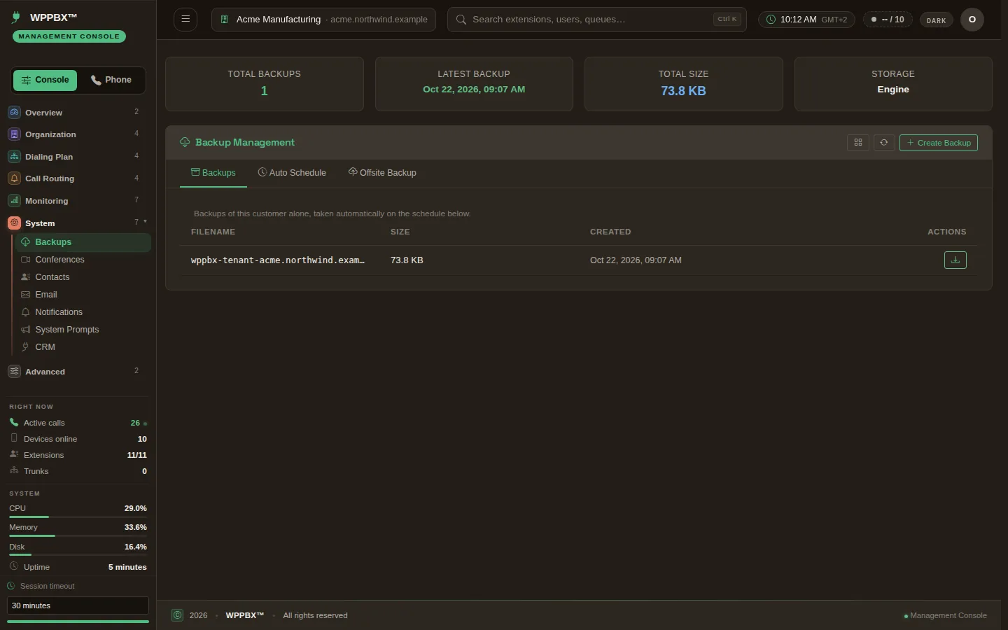 Backup management with the latest backup, its size and a download button.