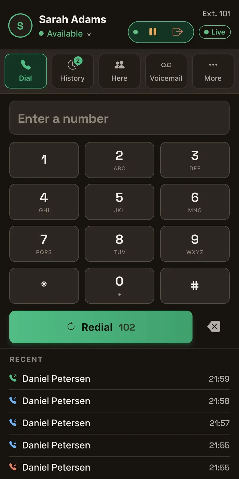 The mobile app dialer with the keypad, a redial button and the recent call list.