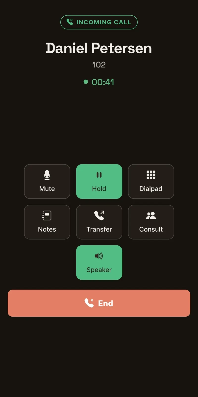 An active call showing mute, hold, dialpad, notes, transfer, consult and speaker.
