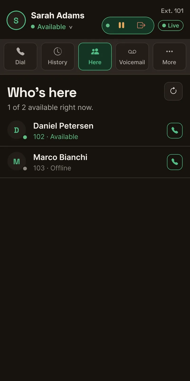 A colleague list showing who is available and who is offline, with a call button each.