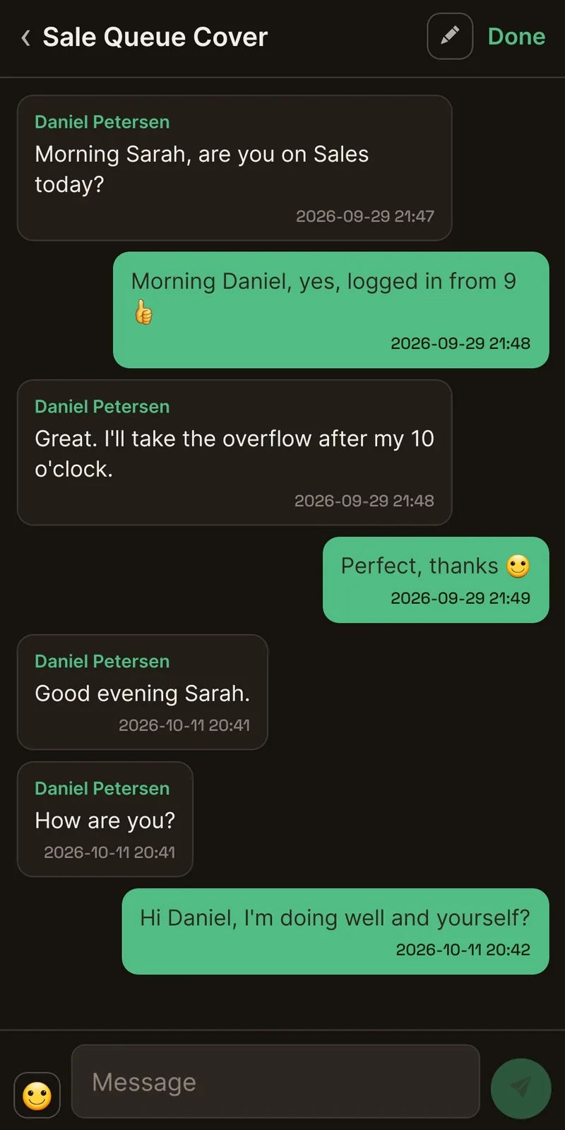 A chat thread between two colleagues arranging queue cover.