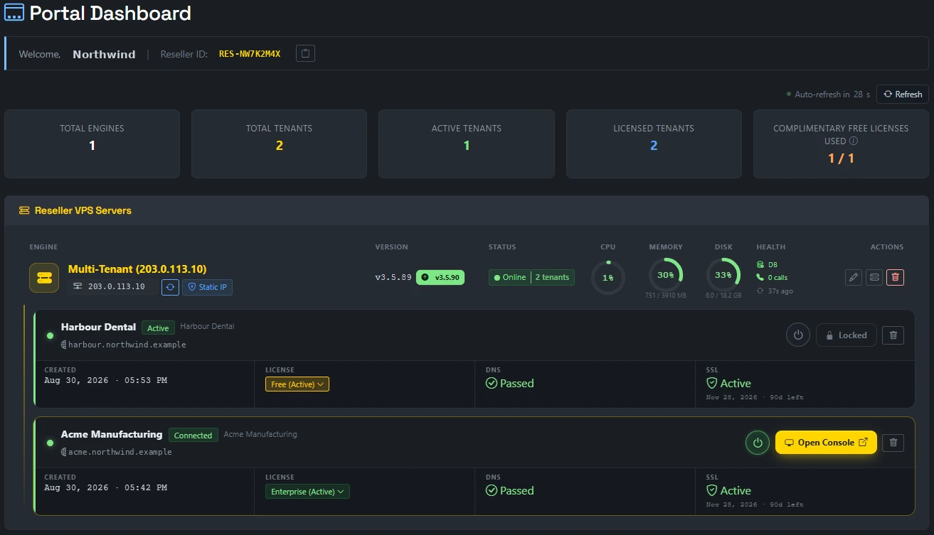 Reseller Portal dashboard showing total engines, tenants, active and licensed tenants, and a server card with its customer accounts.