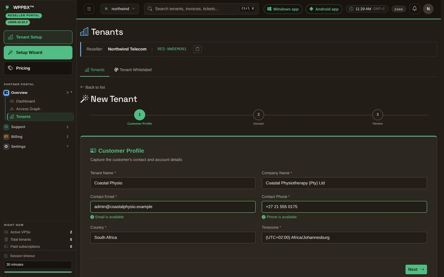 The first step of adding a customer, with their name, company, email, phone, country and time zone filled in.
