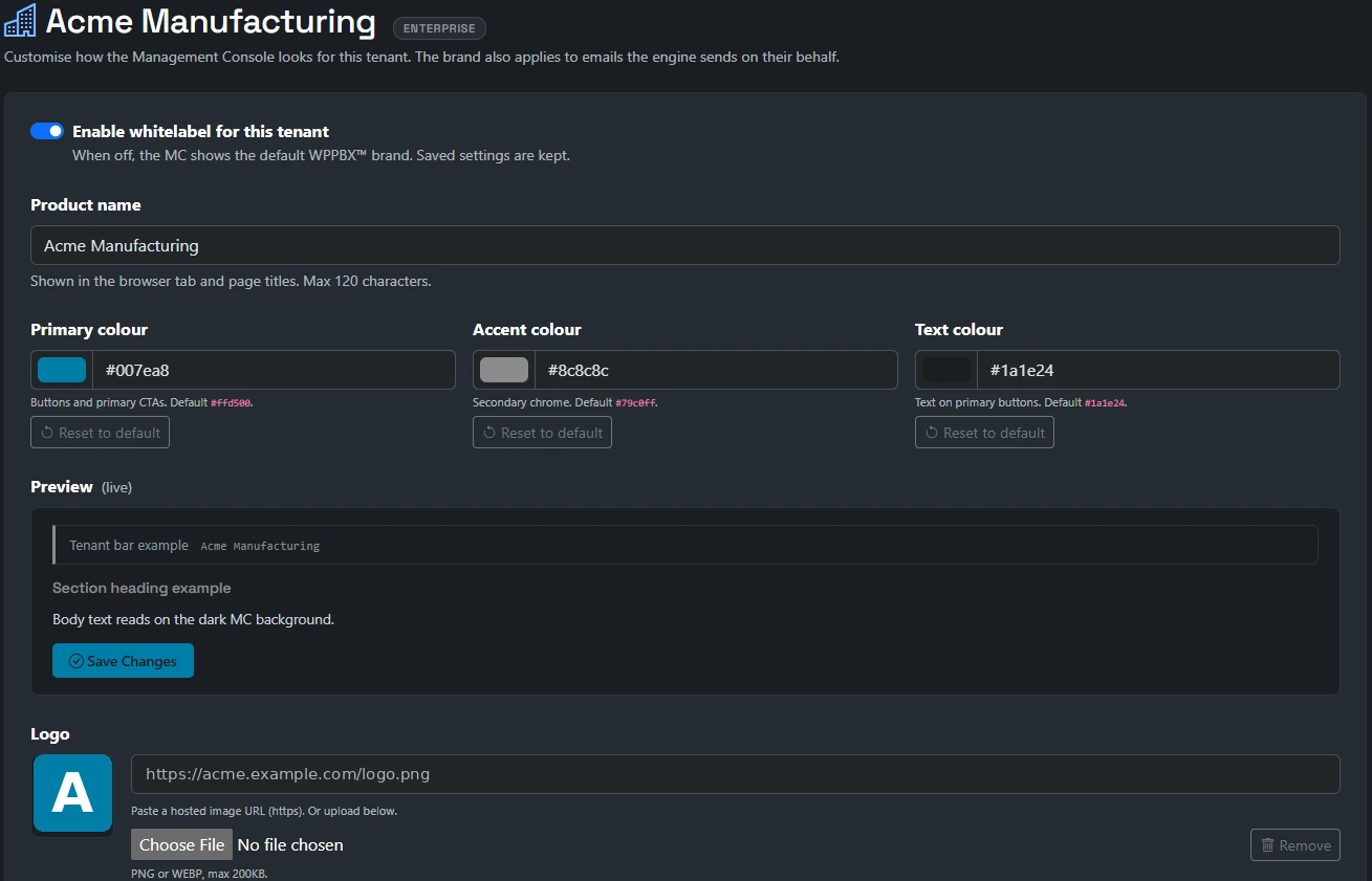 Tenant whitelabel settings with colour pickers, a live preview and a logo.