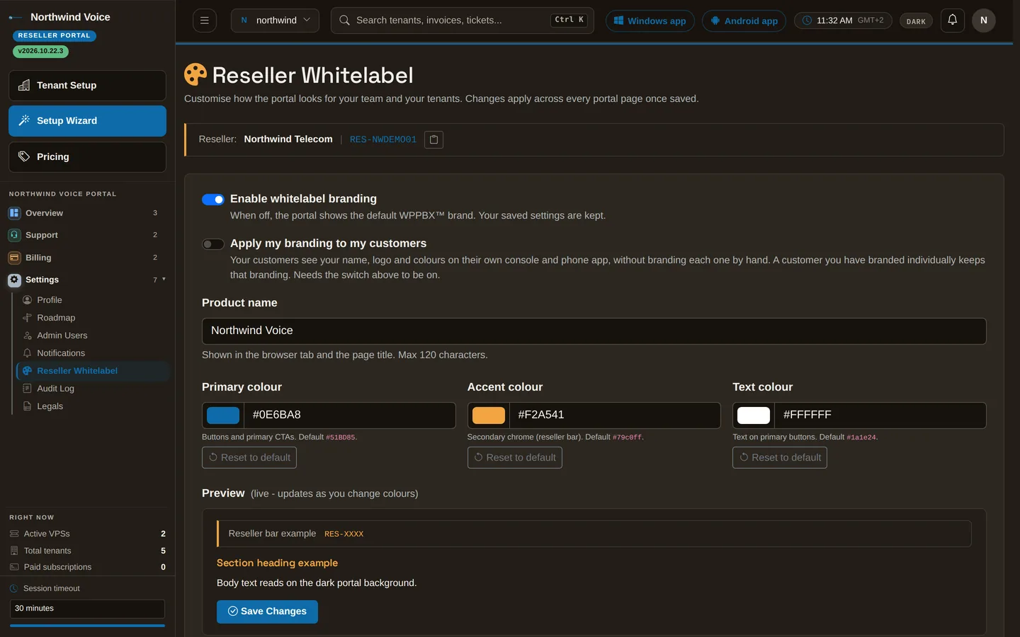 The partner's white label settings, with the whole portal already shown in the partner's own name and colours.