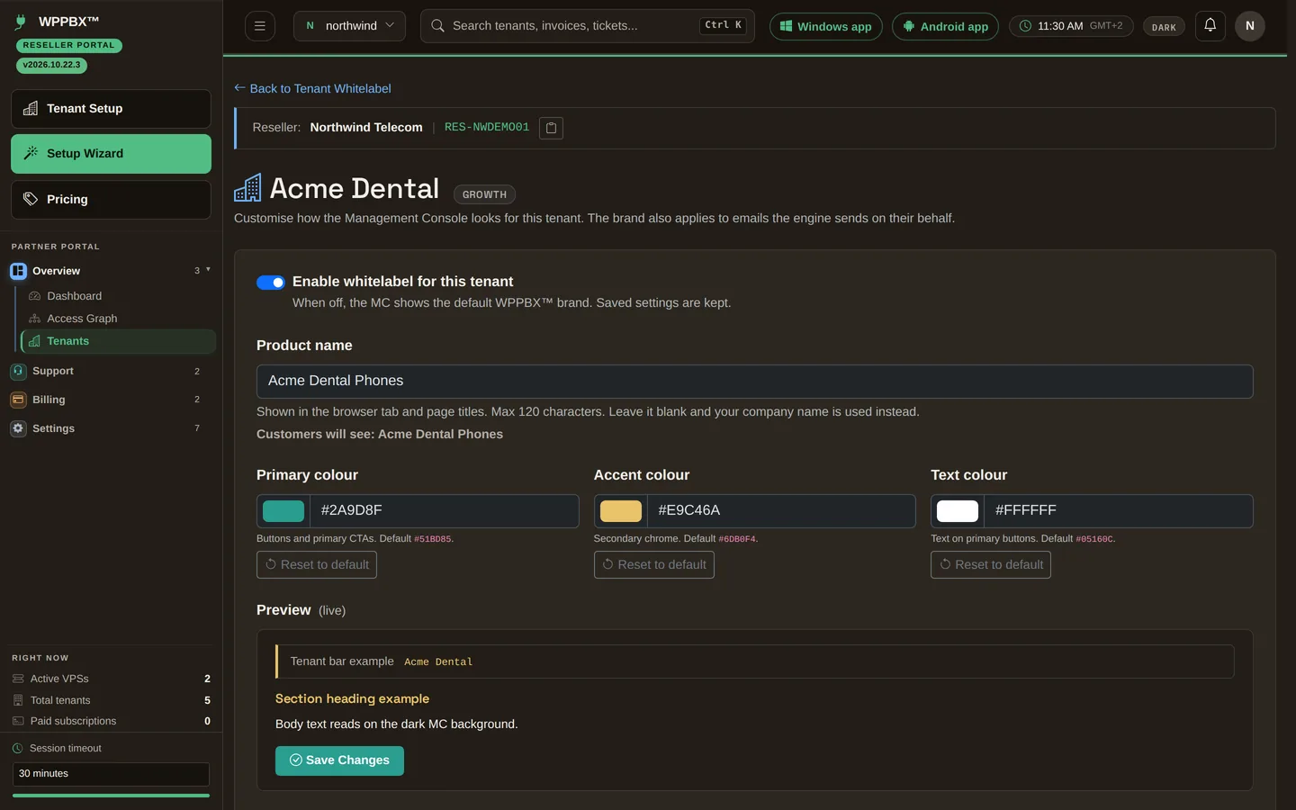 A customer's white label settings with their product name, colours and a live preview.