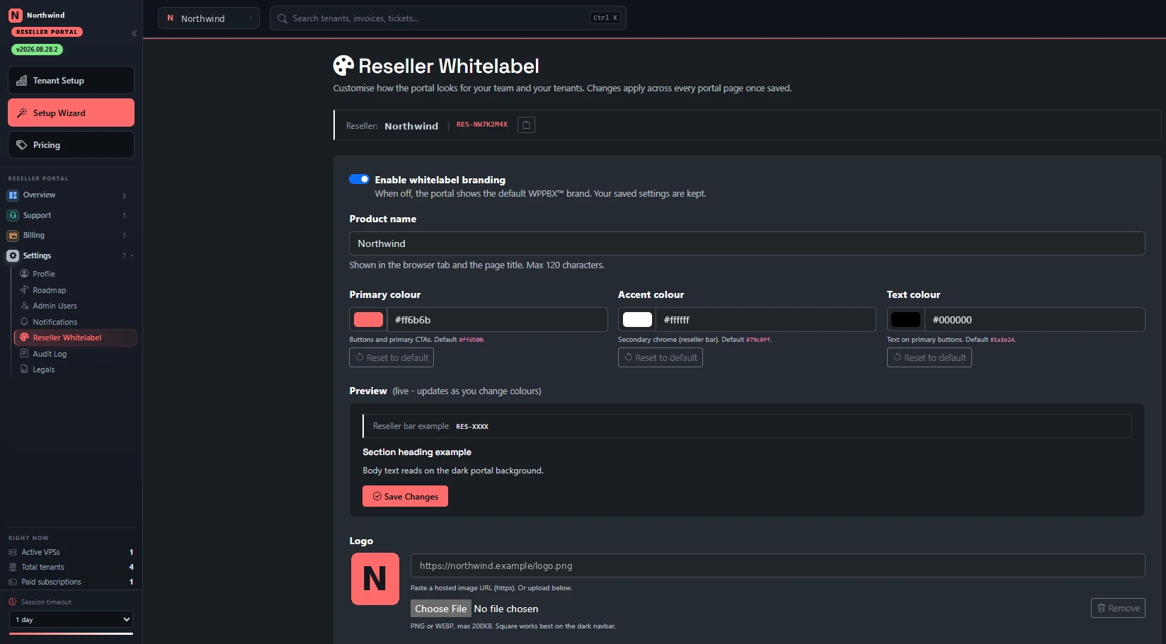 The reseller whitelabel page with the portal already wearing the partner's own brand.
