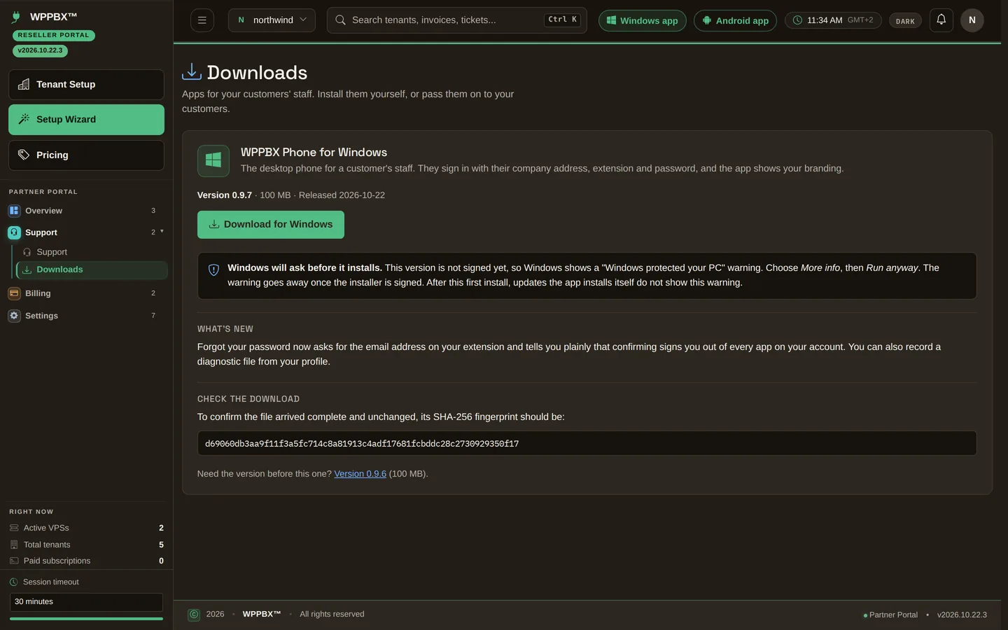 The downloads page with the current Windows app, what is new in it, and its fingerprint.