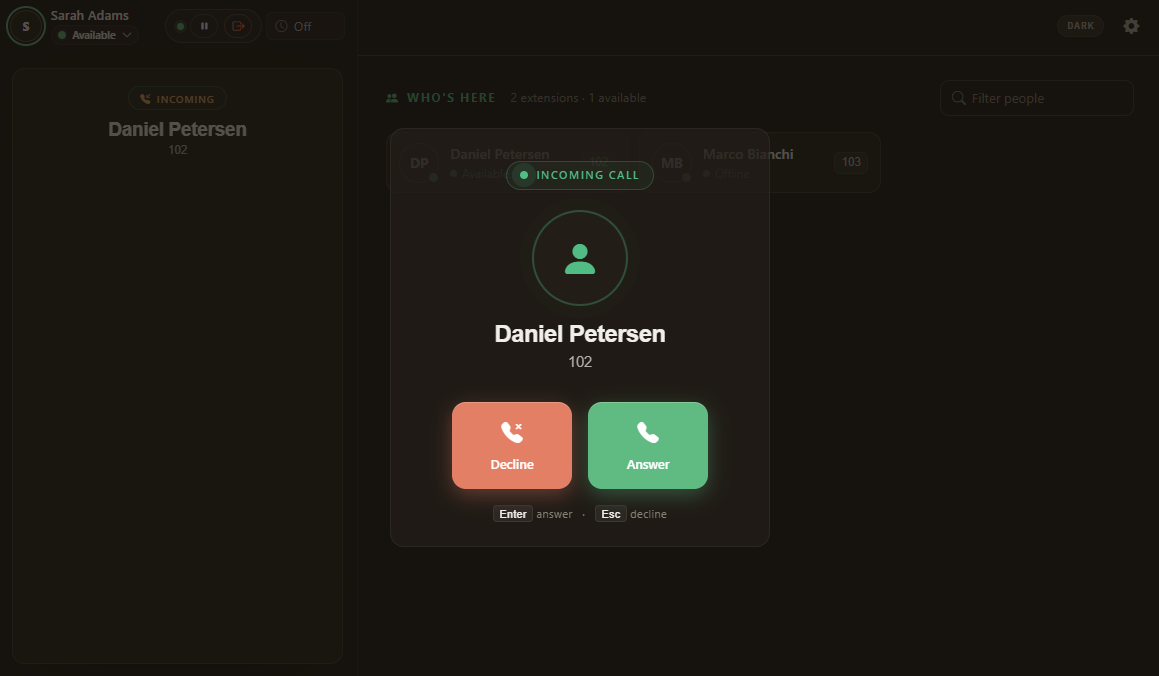 An incoming call in front of the app, with Decline and Answer, and Enter and Esc shown as the keys for each.
