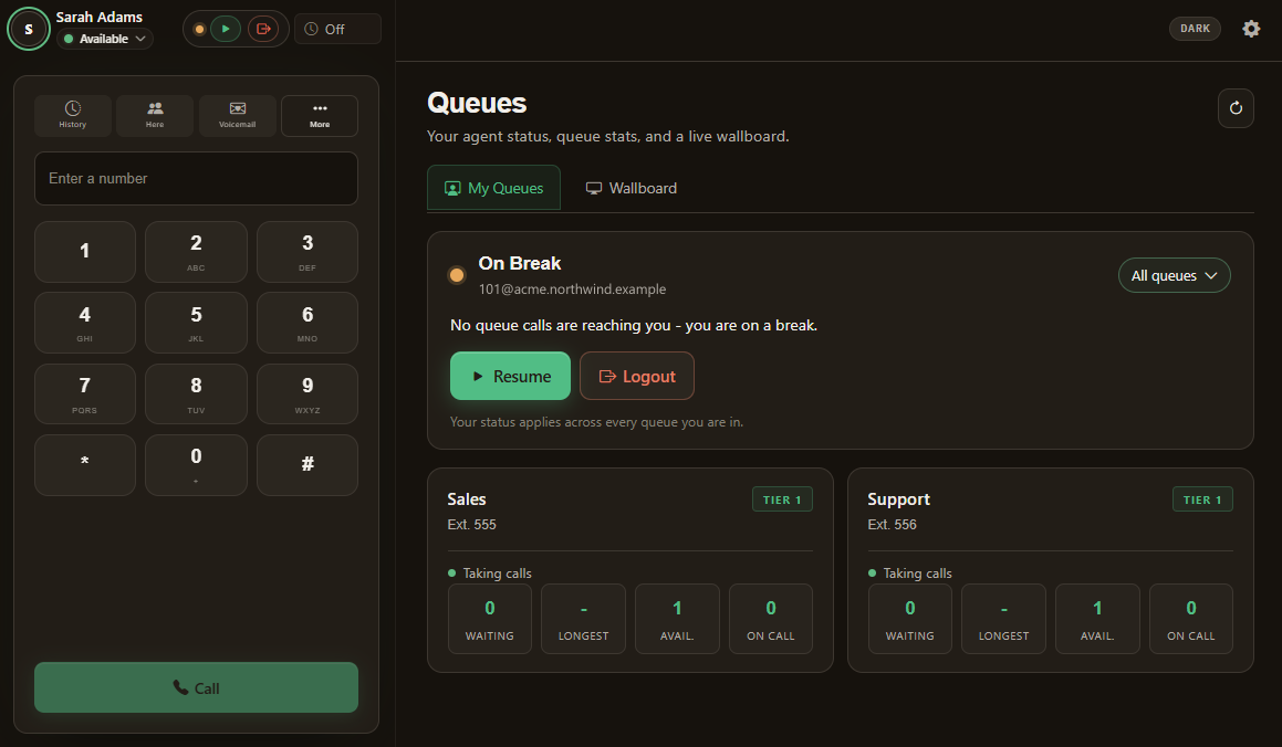 The queues screen with the agent on a break, Resume and Logout, and two queues with their waiting, longest wait, available and on call figures.