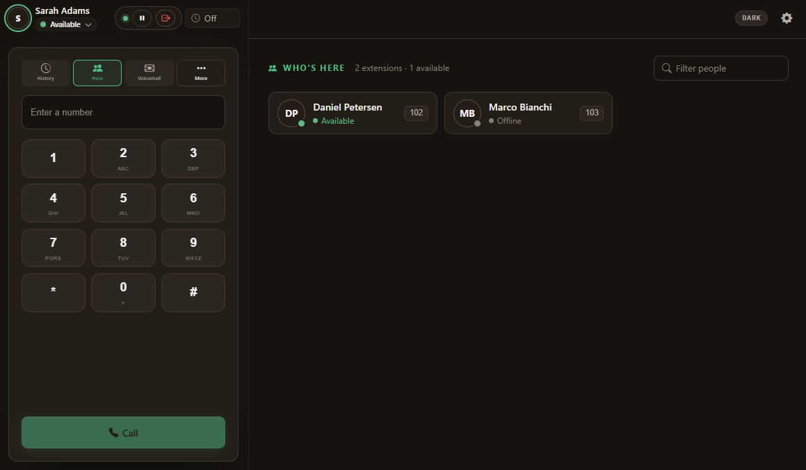 A list of colleagues showing who is available and who is offline, with their extensions and a filter.