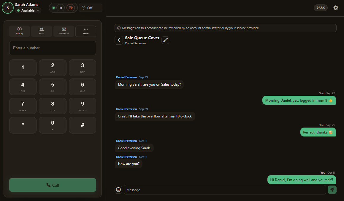 A chat thread between two colleagues arranging queue cover, under a note saying who can review messages.