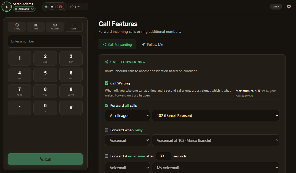 Call features with call waiting, forward all calls to a colleague, forward when busy to a voicemail, and forward after 30 seconds with no answer.