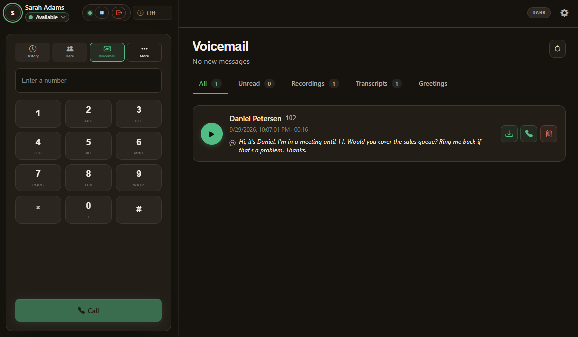 Voicemail with a written transcript of a message, and buttons to play, download, call back or delete it.